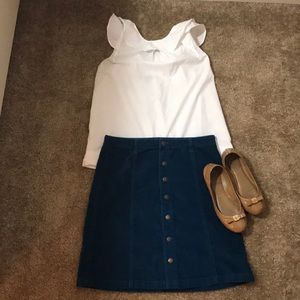 Blue green front button up skirt. Knee length.